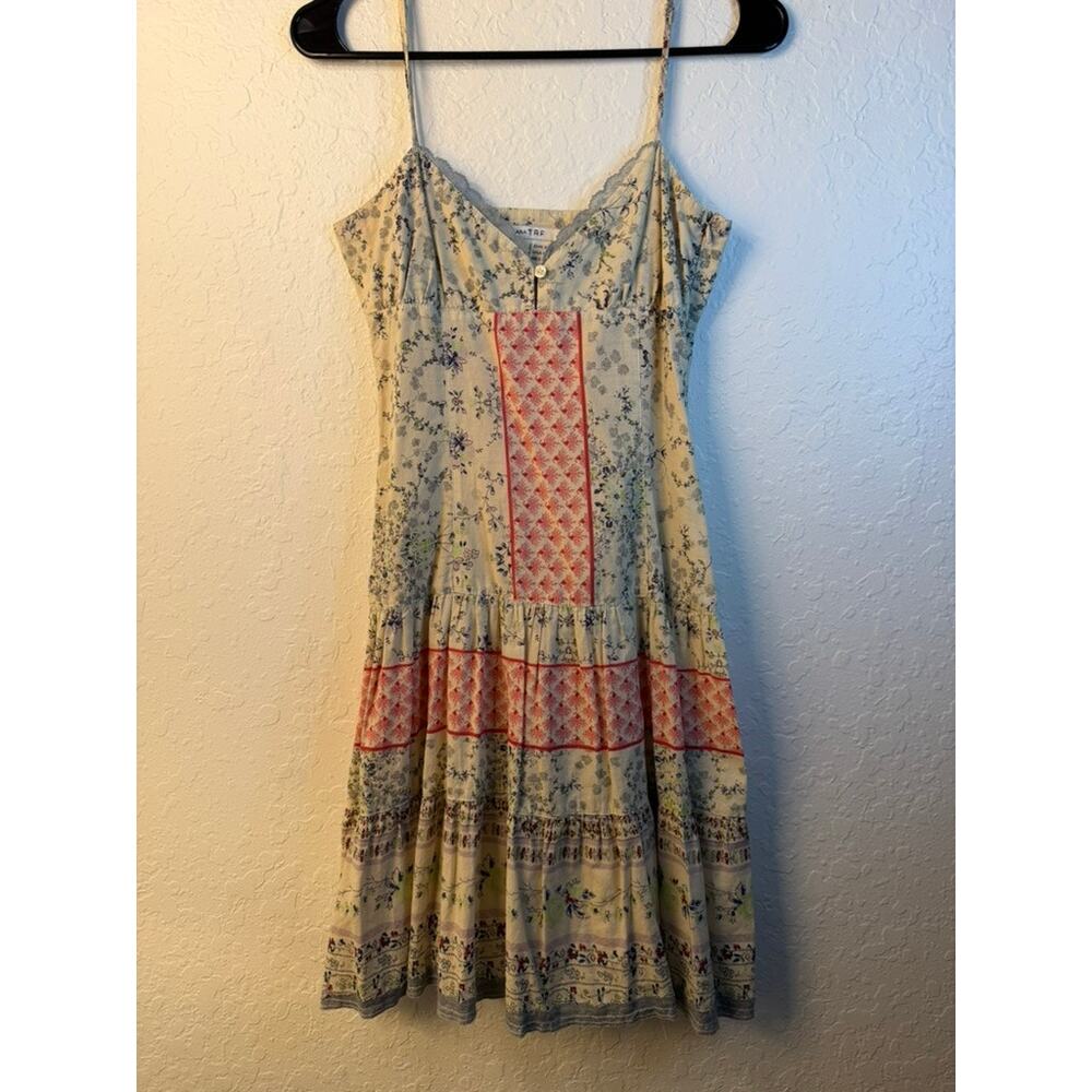 Zara TRF Cream Blue Floral Mixed Print Lace Trim Boho Sundress Size 4 / EUR 36